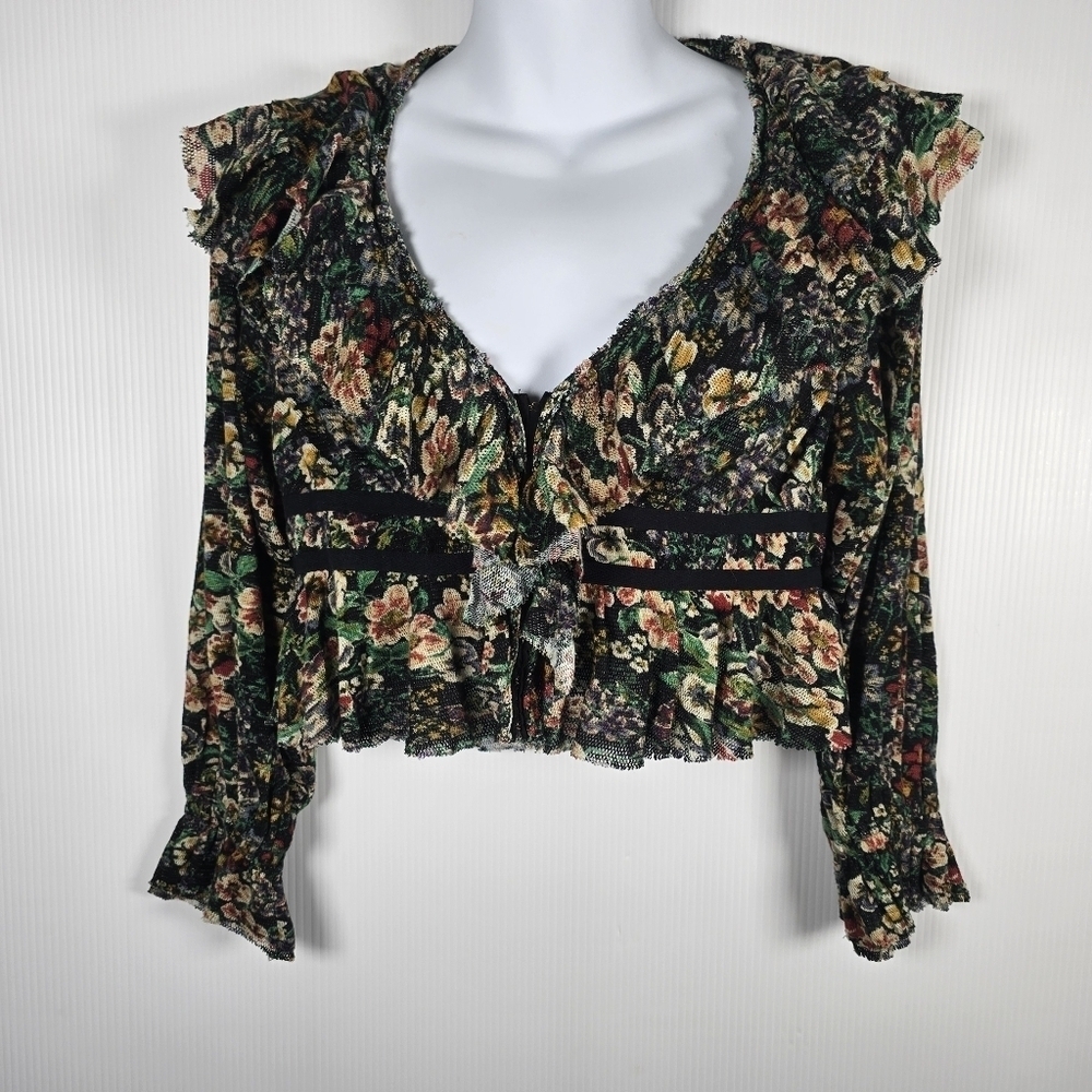 NWT Free People Rudi Ruffle Top In Green & Black Long Sleeve Cropped Size XS - Picture 2 of 16